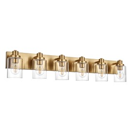 Wanluce 6 Light Bathroom Vanity Lights Brushed Brass Bathroom Lighting Fixtures over Mirror with Clear Glass Shade, Vintage Gold Vanity Light For Bathoom, Modern Bathroom Wall Vanity Lighting Fixtures