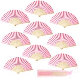 9pcs Handheld Paper Fans Folding, Pink DIY Bamboo Handmade Fans with a Pouch,Chinese Fan Handheld Paper for Dancing,Wedding,Cosplay