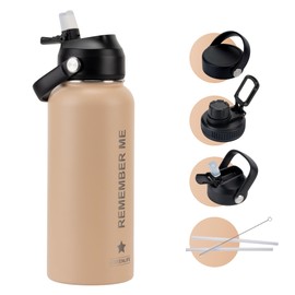 Greenlife Stainless Steel Water Bottle,Tripple Walls Insulated Wide Mouth, Vacuum Insulated, Leakproof Lid, 32 oz, Black (Oat)