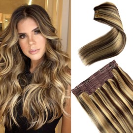 Remy Hair Extensions Ombre Brown to Ash Blonde with Blonde Highlights Balayage Wire Real Hair Extensions Flip in Straight Human Hair Invisible Hair Extensions with Fish Line for Women 80g 16 Inch