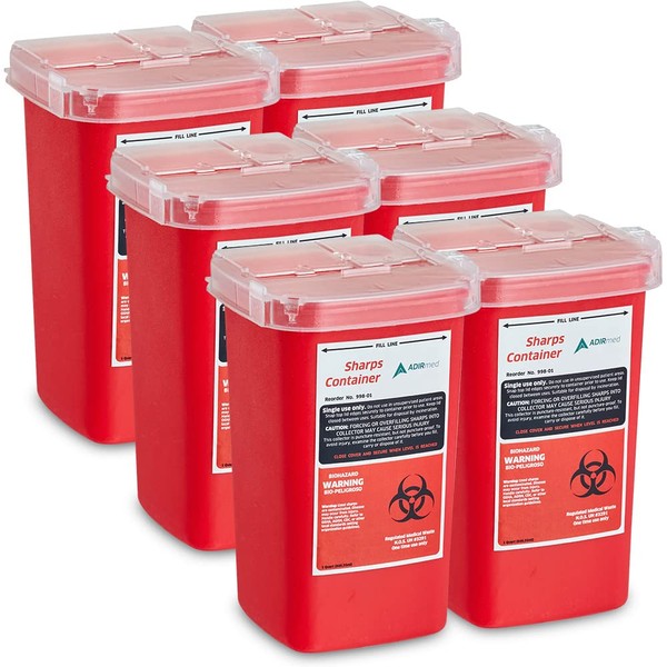 AdirMed Sharps Disposal Container with Flip Open Lid - Biohazard and Syringe Disposal Container - Ideal for Home, Clinic, Office, Barber Use with Flip-Open - (1 Quart, 6-Pack)