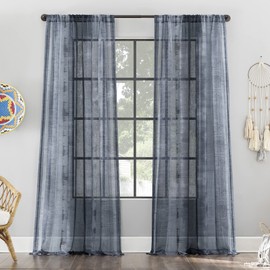 Archaeo Shibori Stripe Raw Texture Linen Blend Rod Pocket Curtain, 50" x 84", Indigo Blue