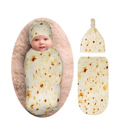 Burrito Newborn Swaddle Blanket with Beanie Set, Soft and Stretchy Taco Tortilla Baby Receiving Blanket Swaddle Sack Funny Gift for Boy and Girl Baby Shower