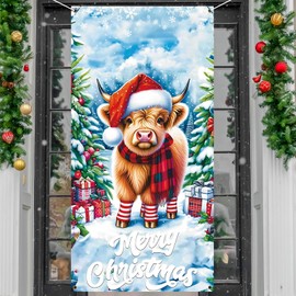 qiyeyeye Christmas Door Covers for Front Door Decorations Xmas Tree Front Door Baby Calf Banner Background Funny Winter Holiday Indoor Outdoor Home Decor 3 X 6 Ft