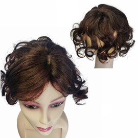 AYunhe Short Curly Wavy Human Hair Toppers for Women and Men Clip In Toupee With Side Bangs Hair Partial Wig Wiglets Hairpieces (Dark Brown)