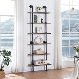 HOMBAZAAR Industrial Pipe Bookshelf,6 Tier Pipe Shelving,Wall Mounted Ladder Shelves with Metal Frame for Home Office,Living Room,Oak Brown