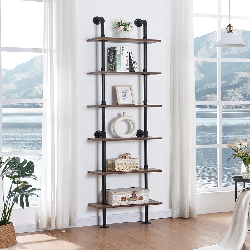 HOMBAZAAR Industrial Pipe Bookshelf,6 Tier Pipe Shelving,Wall Mounted Ladder Shelves