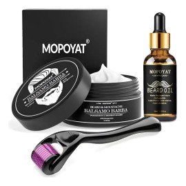 MOPOYAT - Set de 3 piezas para el cuidado de la barba - Incluye crema para la barba al 20 %, sérum para el crecimiento de la barba y rodillo - El regalo perfecto para papá, marido o novio.