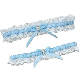 Blue Wedding Garters for Bride, Bridal Garter Set with Rhinestone Satin Bow (Medium)