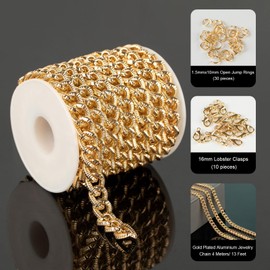 YOUBEIYEE 4 Meters Strong Aluminum Chains Bulk Gold Plated Curb Cuban Chain for Men and Women Rapper Necklace Bracelet DIY Jewelry Supplies