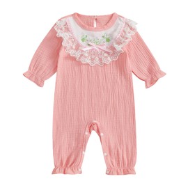 M9ppzzur7 Newborn Baby Girls Jumpsuit Clothes Button Closure Lace Little Bow Knot Floral Embroidery Long Sleeve Light Weight Chiffon Romper Girl Fall One-piece outfit (Pink, 9-12 Months)