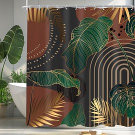 Green Boho 60Wx72H Shower Curtain Mid Century Tropical Monstera Emerald Gold Palm Leaf Plant Simple Summer Modern Abstract Bathroom Curtain Set Minimalist Bath Bathroom Accessories Decor