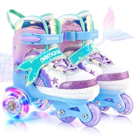 NEMONE Mermaid 4 Size Adjustable Light up Roller Skates for Girls, Blue Purple Skates for Toddlers, Beginner Kids Roller Skates Indoor Outdoor (Toddler Blue S)