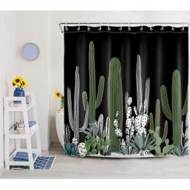 MEUNEAR Tropical Cactus Shower Curtain with Hooks, Green Succulent Botanical Cactus on Black Shower Curtain for Bathroom, Desert Sage Green Plant Bathroom Shower Curtains Set, 72X72Inches