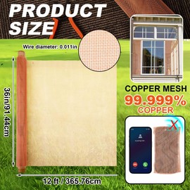 Zonon 36 Inch x 12 ft 16x16 Mesh Copper Mesh Screen 99.9% Pure Copper Roll Wire Fabric 0.27mm Wire Diameter Conductive Metal Dense Filter Screen Woven for Lab Faraday Cage Rodent Control Window Craft