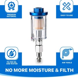 Air Compressor Moisture Separator Filter,For Air Line Compressor Fitting, Clear Glass with Blue Aluminum Cap, 1/4 Inch NPT Connection, 2 Pack