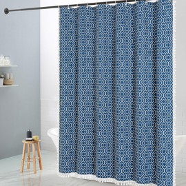 MitoVilla Blue Boho Shower Curtains for Modern Farmhouse Bathroom Decor, Bohemia Geometric Country Thick Cotton Fabric Shower Curtain, Rustic Tassel Cloth Shower Curtain, 72 x 72
