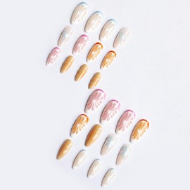 Summer Press on Nails Medium Almond Fake Nails Orange Fruit False Nails with Glossy Acrylic Nails Bow Artificial Nails for Women Girls Manicure Art Decoration 24Pcs