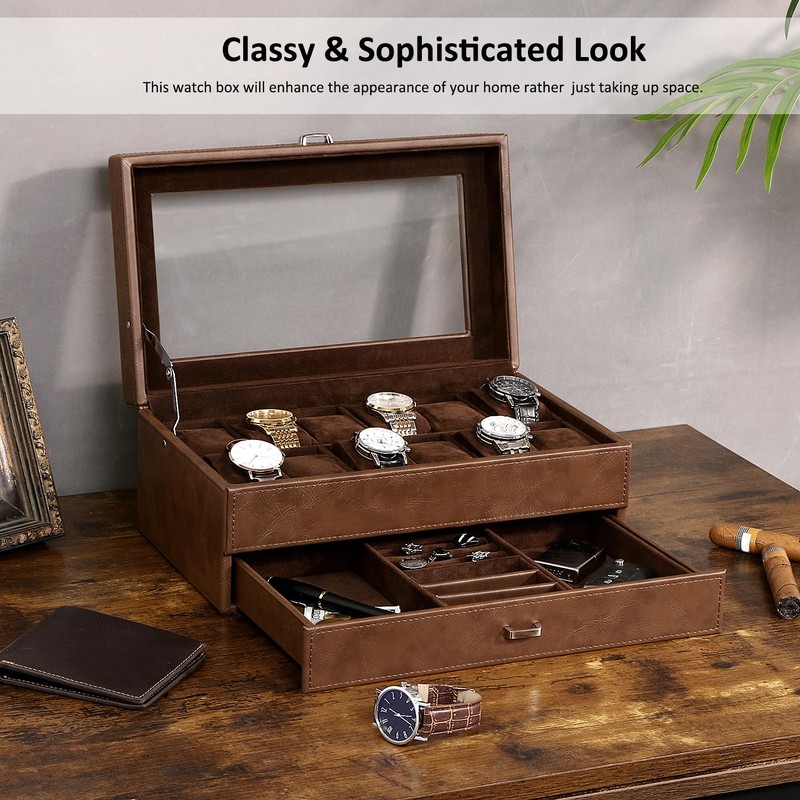 BEWISHOME Watch Box for Men, 12-Slot Watch Case, 2-Layer Watch