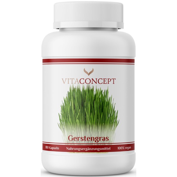 Vitaconcept Barley Grass Capsules, 1500 mg Barley Grass Powder per Daily Portion, Pack of 180, Vegan and Laboratory Tested, Made in Germany