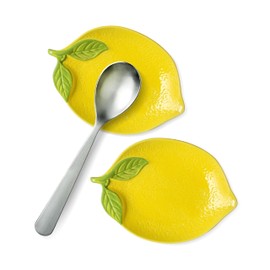 SEICASAYA Lemon Ceramic Spoon Rest, Set of 2 Decorative Kitchen Utensil Holders, Yellow Countertop Protector with Green Leaf Design, 15.5cm x 10.8cm (Yellow Lemon)