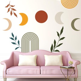VePret Boho Mid-Century Sun and Moon Wall Decals Peel and Stick, Large Arch Vinyl Wall Stickers, Removable Leaves Home Decor Art for Bedroom Living Room Classroom Office