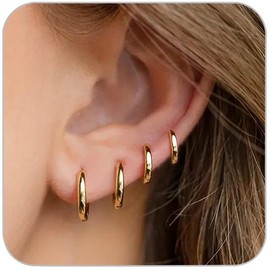 4 Pairs Gold Hoop Earrings Set for Women, 14k Gold Plated Cartilage Hoop Earring Hypoallergenic Non Tarnish Small Hoop Earrings for 2nd 3rd Hole Gold Huggie Hoop Earrings for Women Men Gifts - Color: Black
