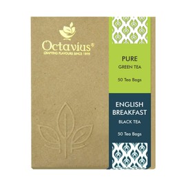 Octavius 2 Assorted Black Tea and Green Tea Flavors | Enveloped Tea Bags for Freshness | English Breakfast & Pure Green Tea Green Tea | Economy Pack - 100 Tea Bag Tea Bags