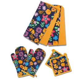 gws 8 Piece Floral Kitchen Set - Saffron - 1 Pair of Oven Gloves, 1 Pair of Pot Holders and 4 Tea Towels, 100% Cotton, Heat Resistant and Washable