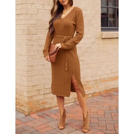 MEROKEETY Women's 2025 Long Sleeve Bodycon Sweater Dress V Neck Cable Knit Slit Midi Dresses with Belt, Caramel, XL