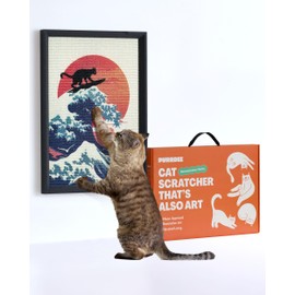 PURRDEE Decorative Cat Wall Scratcher, 14x20 Artwork Inspired Sisal Cat Scratcher with Stylish Wooden Frame, Removable Hook-and-Loop Mounting Strip, Unique & Functional Cat Gift (The Great Wave)