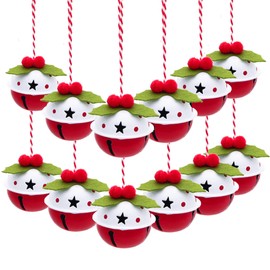 Valery Madelyn 12pcs Country Red Green and White Christmas Tree Decorations, Metal Christmas Jingle Bells, Xmas Hanging Pendants Ornaments with Hollow-carved Design