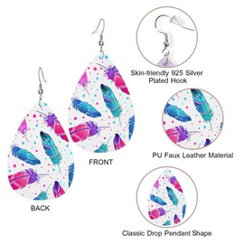 Zokola Feathers Leather Earrings For Women Friends Teardrop Leaf, Colorful Bird Feathers Polka Dots Petal Drop Earrings Antique Faux Statement Earrings Set
