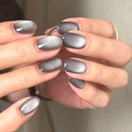 Cat Eye Press on Nails Short Oval Light Gray Cat Eye Fake Nails Gel Glitter Reusable Glue on Nails Glossy Acrylic False Nails Salon Perfect Nails Press ons Kit for Women Girls 24Pcs