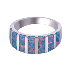 KELITCH Synthetic Blue Opal Ring Silver Plated Stacking Rings - Opal Eternity Band Rings, Bead, No-Gem-Tye