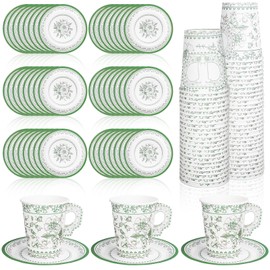 Whaline 80 Pcs Green White Floral Paper Tea Cups and Saucers Chinoiserie Flower 9oz Disposable Teacups with Handle and Dessert Plates for Wedding Birthday Spring Tea Party