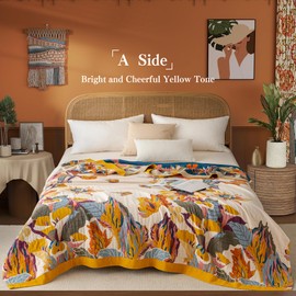 Phuryllic Boho Throw Blanket Full Size, Extra Large Soft Cozy Cotton Muslin Quilt Blanket for Bed Decor, Floral Patterned Couch Sofa Chair Cover, Vintage Farmhouse Cottage Woven Blanket, Yellow&Blue