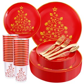 LIYH 150 PCS Plastic Christmas Dinnerware Set, Red and Gold Plastic Christmas Plates, Christmas Dinnerware with Christmas Tree Design, Plastic Christmas Silverware, Christmas Cups 25 Guests