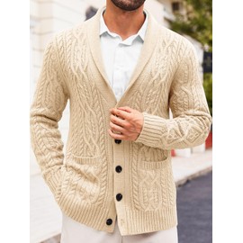 Runcati Mens Shawl Collar Cardigan Sweater Casual Cable Knit Button Down Winter Chunky Ribbed Sweaters Beige