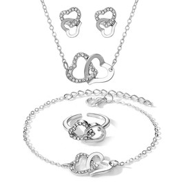 KONFEN Women's Jewellery Sets, 4 Pcs Bridal Wedding Sparkly Gemstone Jewellery, Fashion double Love Shape Adjustable Necklace, Earrings and Bracelet Ring Birthday Weddings Gifts, Silver