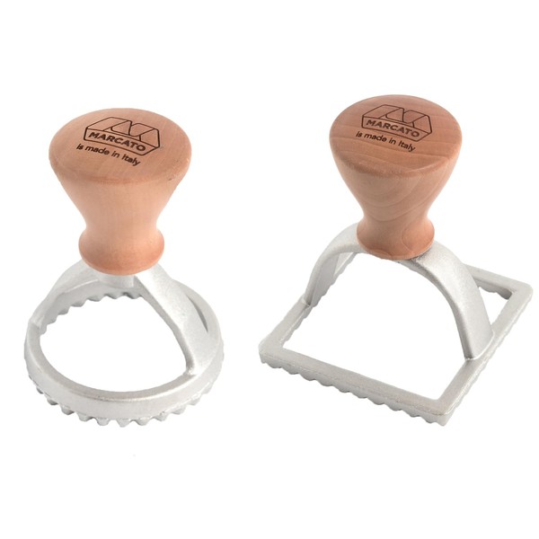 Marcato Ravioli and Biscuit Cutter Set, Ravioli Maker, Biscuit Cutter, Solid Wood and Cast Iron, Made in Italy, 58mm Round Embossing + 58mm Square Embossing. Model: Raviolè