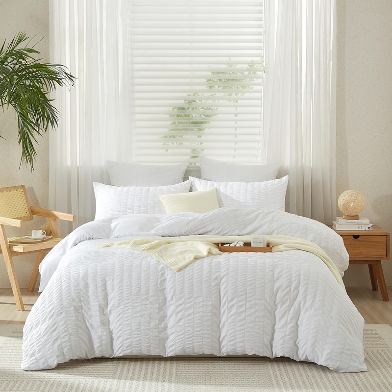 YASMENG Seersucker Duvet Cover 140 x 200 cm White Striped