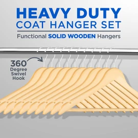 SereneLife Solid Wooden Hangers, Mega Pack, 50 Pieces Hangers for Clothes, Heavy Duty Suit Hanger Set with Chrome 360 Degree Swivel Hook, Notched Design, Natural Wood Color