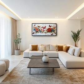 Olivine Flower Large Wall Art, Butterfly Pictures Wall Decor, Boho Painting, Rustic Wood Grain Canvas Prints, Framed Artwork for Dining Room Living Room Bedroom Bathroom Office Home Decor 36"x24"