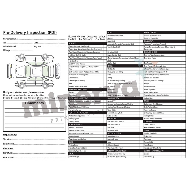 Vehicle Pre Sales/Delivery Inspection PDI Form NCR Pad - A4