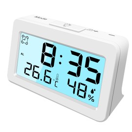 LXSZRPH Small Digital Travel Alarm Clock, Mini Desk Clock, Backlight, Powerful Volume, Battery Operated, Temperature Humidity Display, LCD, Easy to Use, Portable (1, White)