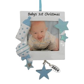 Second Walnut Baby Boy Ornament - Baby's First Christmas Photo Frame Hanging Ornament Blue - Added Year Date Tag in Gift Bag - Personalization at Home - Babys 1st Gift
