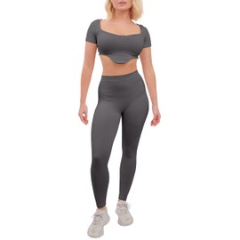 Love My Fashions® 2 Piece Gym Tracksuit for Women UK Full Set Ribbed Seamless Yoga Outfits for Workout High Waist Leggings Crop Top