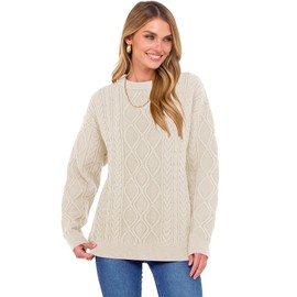 ANRABESS Women Oversized Chunky Cable Knitted Vintage Sweater 2025 Fall Outfits Beige Medium