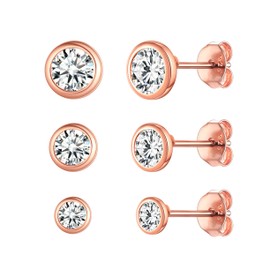 ChicSilver 925 Sterling Silver, Glitter Stud Earrings Set with Zirconia and Colourful Round Topaz Stud, Fan Shape Stud Earrings, Colourful Crystal Jewellery as Gift for Wife, Mother, 925 Sterling Silver, C Round Stud Earrings Set Rose Gold 3 Pairs